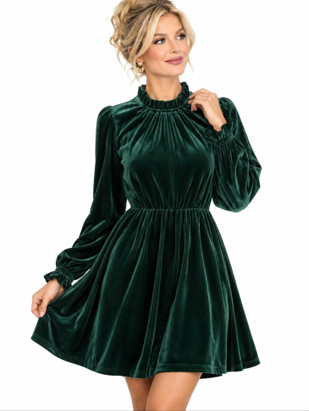 Dark Green Velvet Long-Sleeve Smocked Neck Dress Party Holiday Feminine Sz L